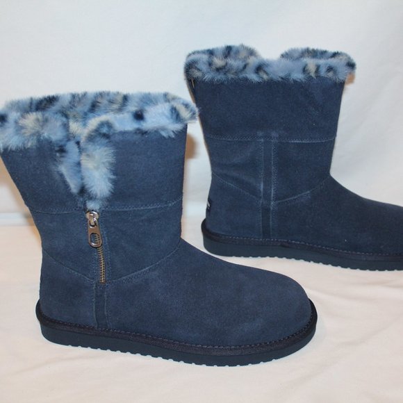 NIB UGG KOOLABURRA CLASSIC SHORT ARIBEL LEOPARD BLUE SUEDE FUR WINTER BO… - Picture 2 of 7